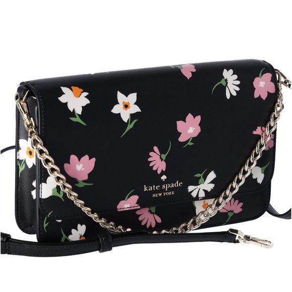 Kate Spade Madison Black Floral Pink Waltz Flap Convertible Crossbody KF441 - Picture 7 of 9